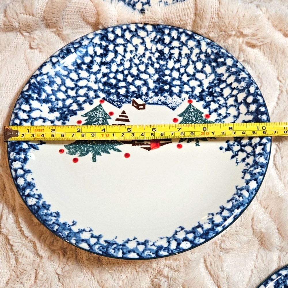 ONE Folk Craft Cabin in the Snow by Tienshan 10.5" Dinner Plate Sponge Ware - Picture 8 of 9